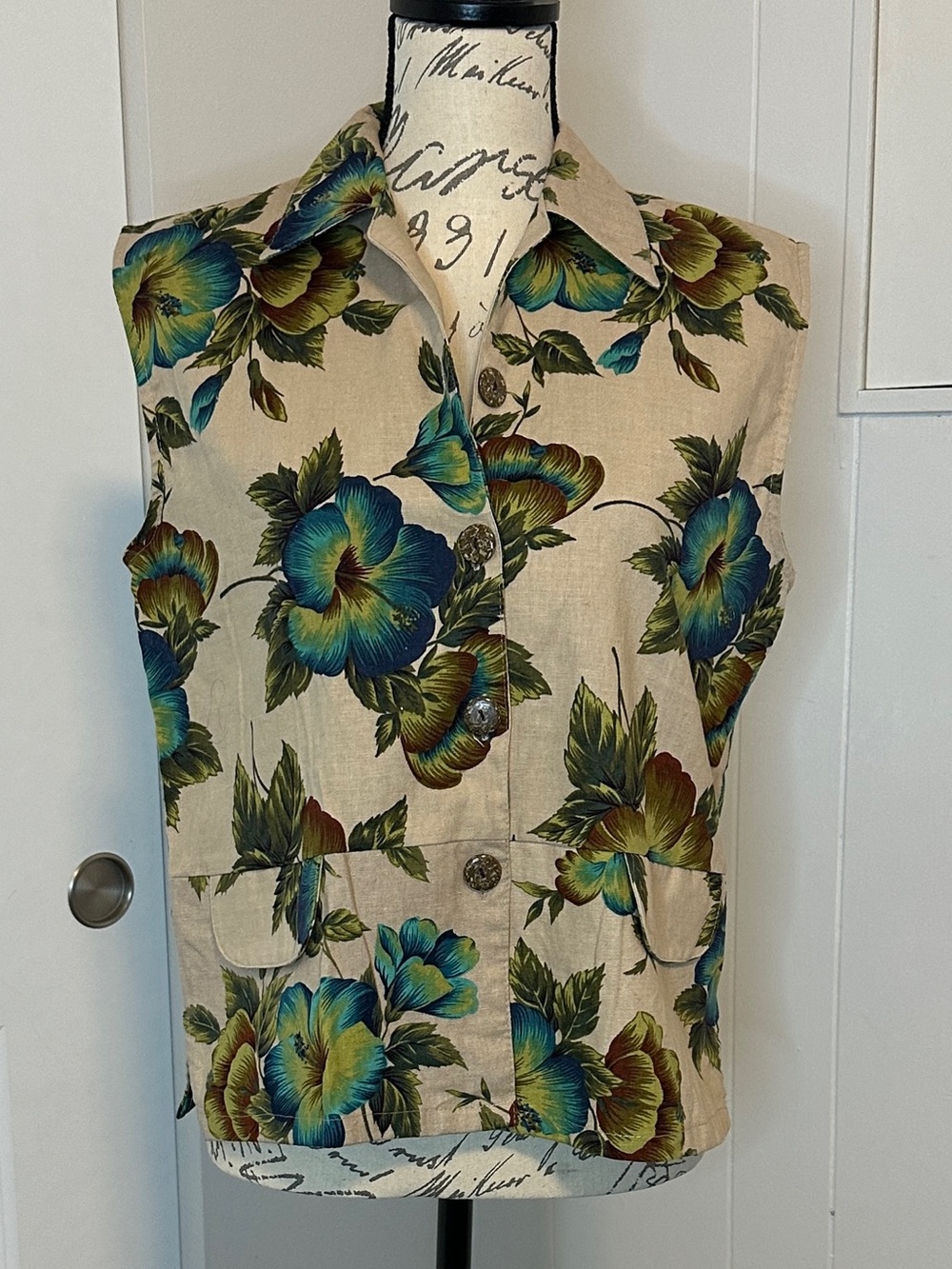 Vintage L&S Designs Tropical Hibiscus Linen Cotton Sleeveless Vest Top Size L